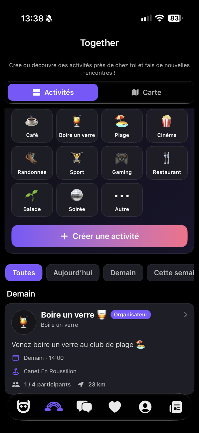 Together activities screen in HidR